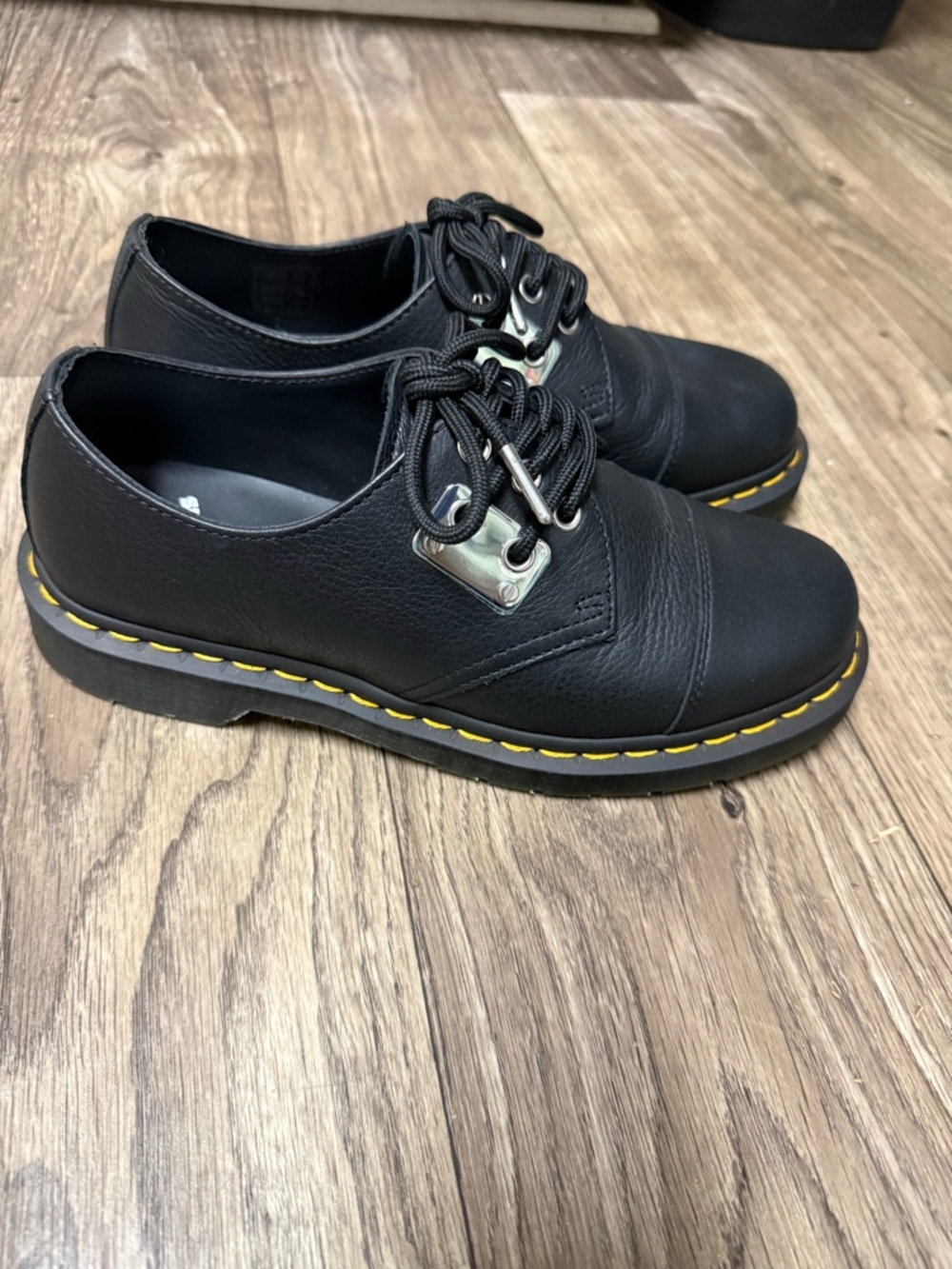 Dr. Martens Black Leather Derby Shoes with Yellow Stitching - Picture 3 of 6